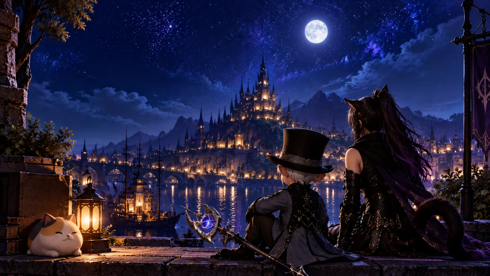 NETIUS and Nyx overlooking a moonlit fantasy city at night